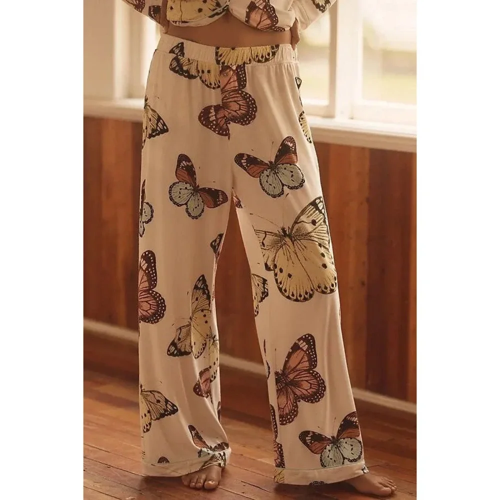 LyreBird Anthropologie Butterfly Print Wide Leg Pajama Pants White XL Pockets